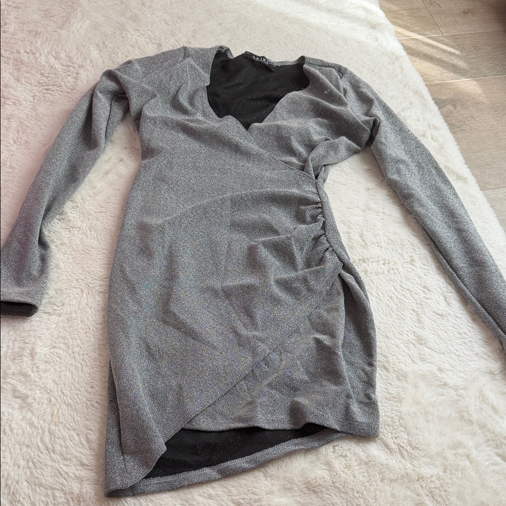 AKIRA Silver Long Sleeve Wrap Dress